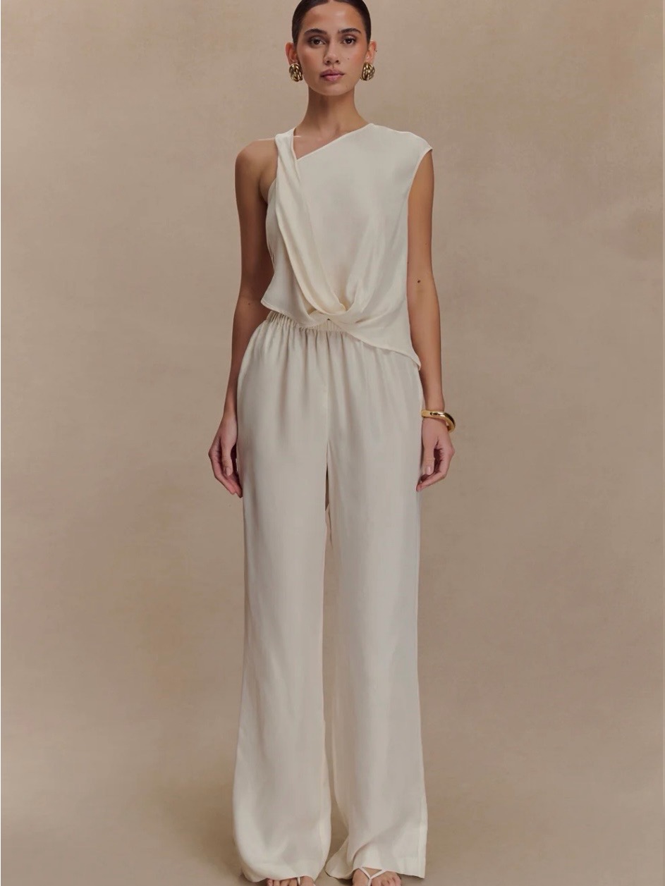 Meshki Cream One-Shoulder Draped Wide-Leg Jumpsuit